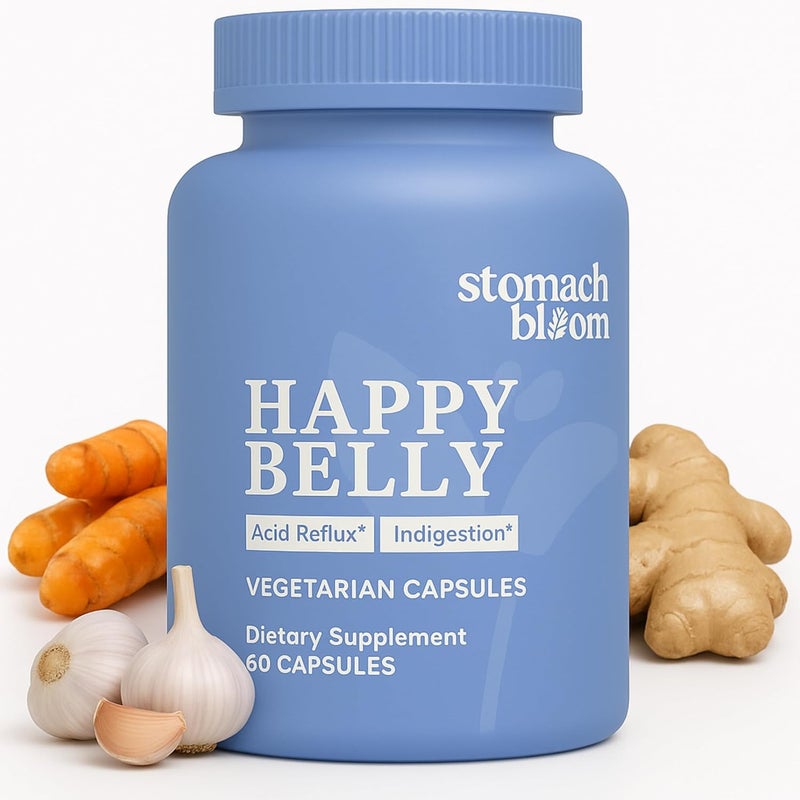 Stomach Bloom بديل آمن لمضادات الحموضة من هابي بيلي لحرقة المعدة العرضية مع مزيج 9 أعشاب 60 كبسولة لتخفيف حرقة المعدة على المدى الطويل وتخفيف عسر الهضم - Image 1