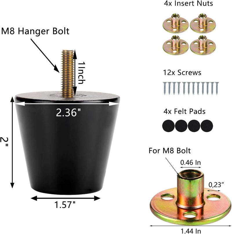 Maricome Furniture Feet 2 Inch Black Replacement Legs for Chair Dresser Ottoman Cabinet Set of 4 Screw in Tiny Small Wood Legs Predrilled M8 Bolt - Image 5