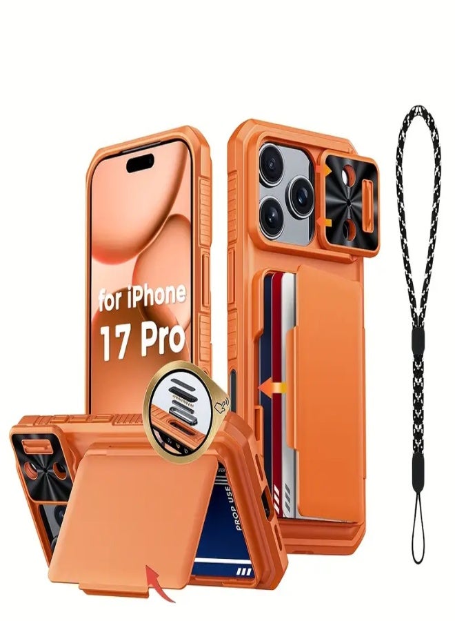AROAQ Case for iPhone 17 Pro – Wallet Cover with Lanyard, Built-in Card Holder (4-5 Cards), Slide Lens Camera Cover & Capture Button, Retro Durable Protective Case - Orange - Image 1