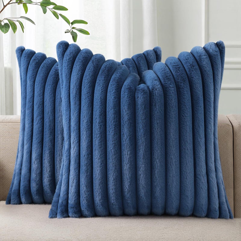Pallene Faux Fur Plush Throw Pillow Covers 18x18 Set of 2 Luxury Soft Fluffy Striped Decorative Pillow Covers for Sofa Couch Living Room Navy Blue