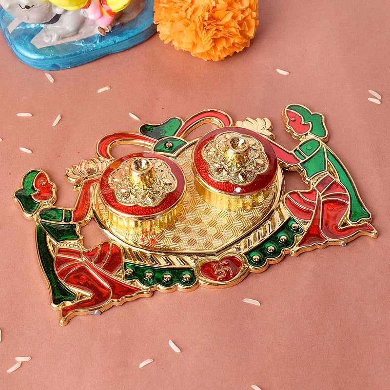 SATVIK STORE SATVIK 1 Pc Designer Kankavati Roli ChawalRice Holder Akshata Kumkum Haldi Holder Indian Festival Rakhi Pooja Thali Diwali Pujan Puja Mandir Tika Platter Housewarming Gifts Items - Image 3