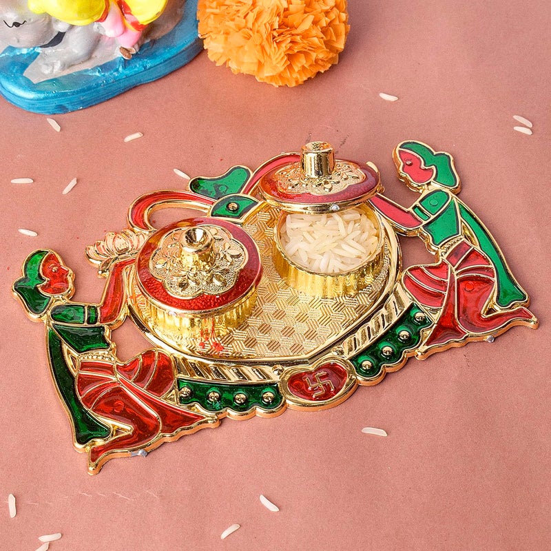 SATVIK STORE SATVIK 1 Pc Designer Kankavati Roli ChawalRice Holder Akshata Kumkum Haldi Holder Indian Festival Rakhi Pooja Thali Diwali Pujan Puja Mandir Tika Platter Housewarming Gifts Items - Image 2