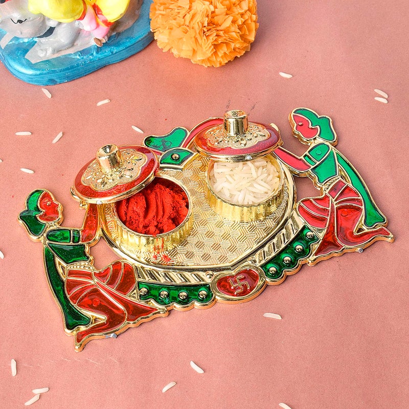SATVIK STORE SATVIK 1 Pc Designer Kankavati Roli ChawalRice Holder Akshata Kumkum Haldi Holder Indian Festival Rakhi Pooja Thali Diwali Pujan Puja Mandir Tika Platter Housewarming Gifts Items - Image 1