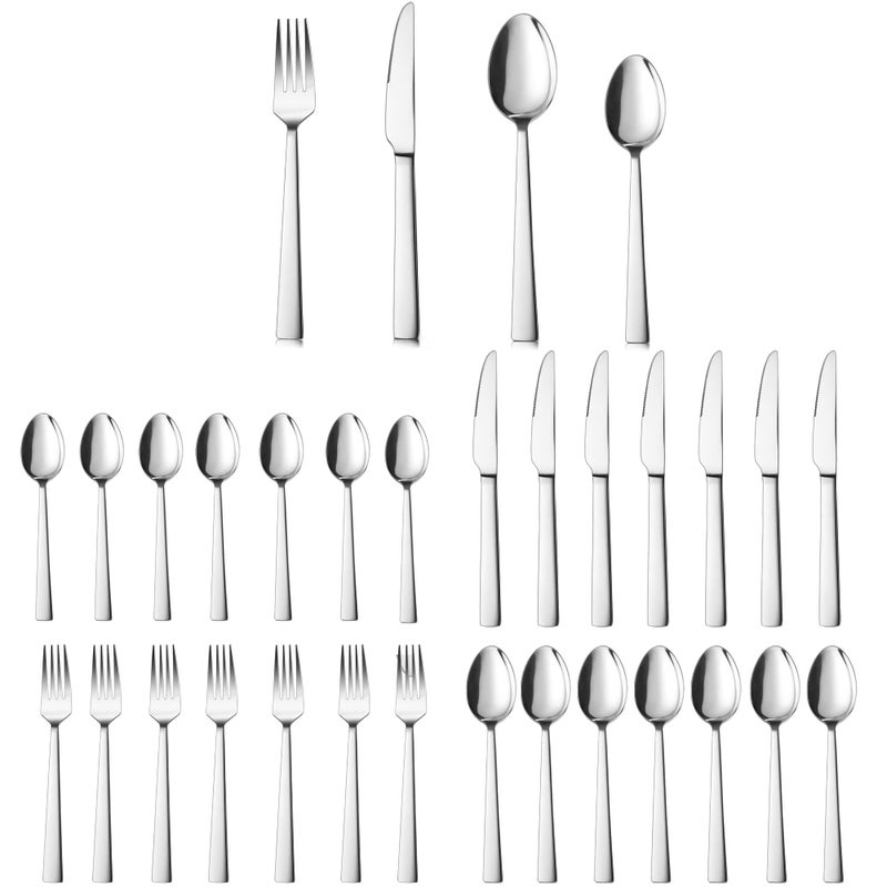 Herogo Cutlery Set 32 Piece Stainless Steel Flatware Set Service for 8 Mirror Polished Silverware with Fork Spoon Knife Modern Silver Tableware Dishwasher Safe AntiRust