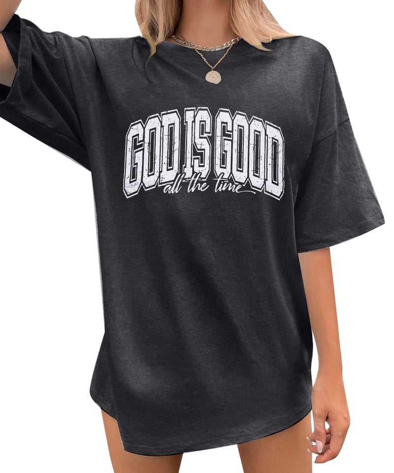 LUKYCILD God is Good Shirt Christian Shirts for Women Oversized Jesus Religious Gift Tops Bible Verse Inspirational Tee Gray - Image 1