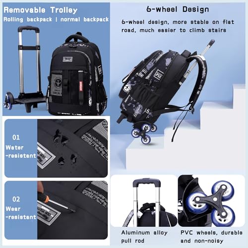 Bansusu Camo Boys Rolling Backpacks for Kids School, Capacity Wheeled Bookbags Elementary School Bags Back Packs with 6 Wheels - Image 5