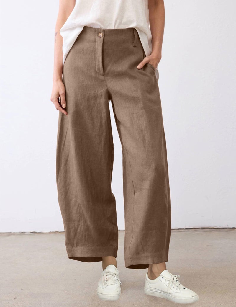 Tanming Womens Linen Pants Casual Capri Baggy Wide Leg Trousers Palazzo Pants Beach Vacation Outfits(DarkKhaki-M) - Image 2