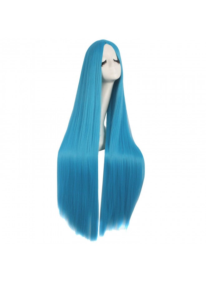 MapofBeauty MapofBeauty 40 Inch/ 100 cm Carve Long Straight Cosplay Wig Anime Costume Party Wig (Cyan Blue)  - Image 2