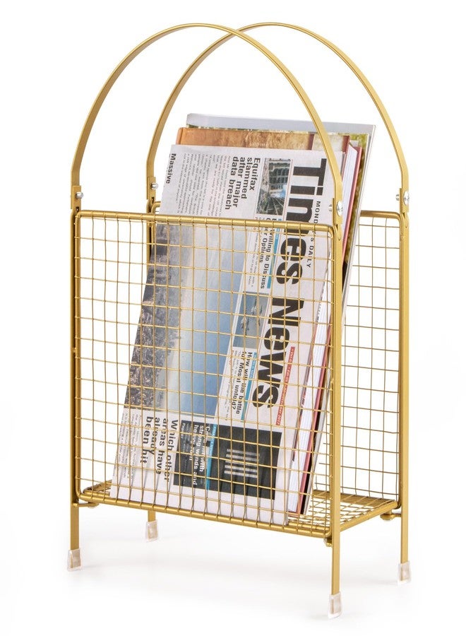 PUERSI Freestanding Magazine Holder – Modern Touch Handbag Design, Magazine Organizer Metal Rack for Books, Vinyl Record, Newspaper (Gold) - Image 1