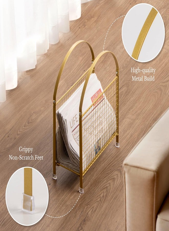 PUERSI Freestanding Magazine Holder – Modern Touch Handbag Design, Magazine Organizer Metal Rack for Books, Vinyl Record, Newspaper (Gold) - Image 5
