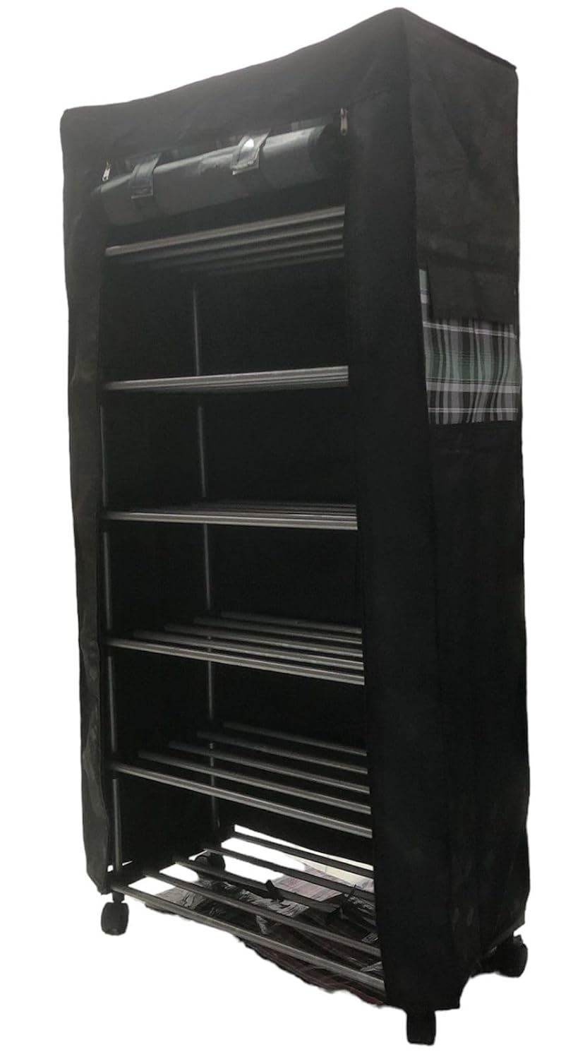 OBBO Multipurpose 6 ShelvesLayer Shoe Rack Organizer with Wheels and Dustproof Cover Portable Smart Storage Rack Organizer with Zip Cover Easy to Move Metal Plastic Multicolour