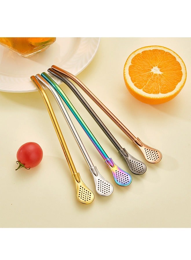 5 Pcs Reusable Straw Set Filter Spoon, Detachable Mate Tea Stainless Steel Drinking Straws with Cleaning Brush, Stirring spoon for Coffee Juice (Colorful)  - Image 3