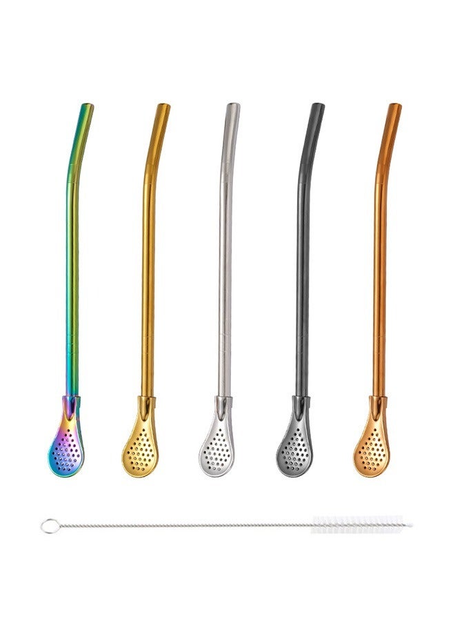 5 Pcs Reusable Straw Set Filter Spoon, Detachable Mate Tea Stainless Steel Drinking Straws with Cleaning Brush, Stirring spoon for Coffee Juice (Colorful)  - Image 1