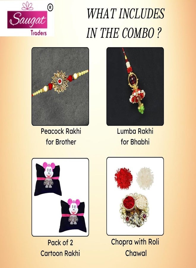 Saugat Traders Exclusive Rakhi Combo Pack of 4 For Bhaiya Bhabhi and KIds with Roli Chawal Chopra Pack - Lumba Rakhi - Younger Elder Brother - Bhabhi - Quirky - Cartoon - Image 2