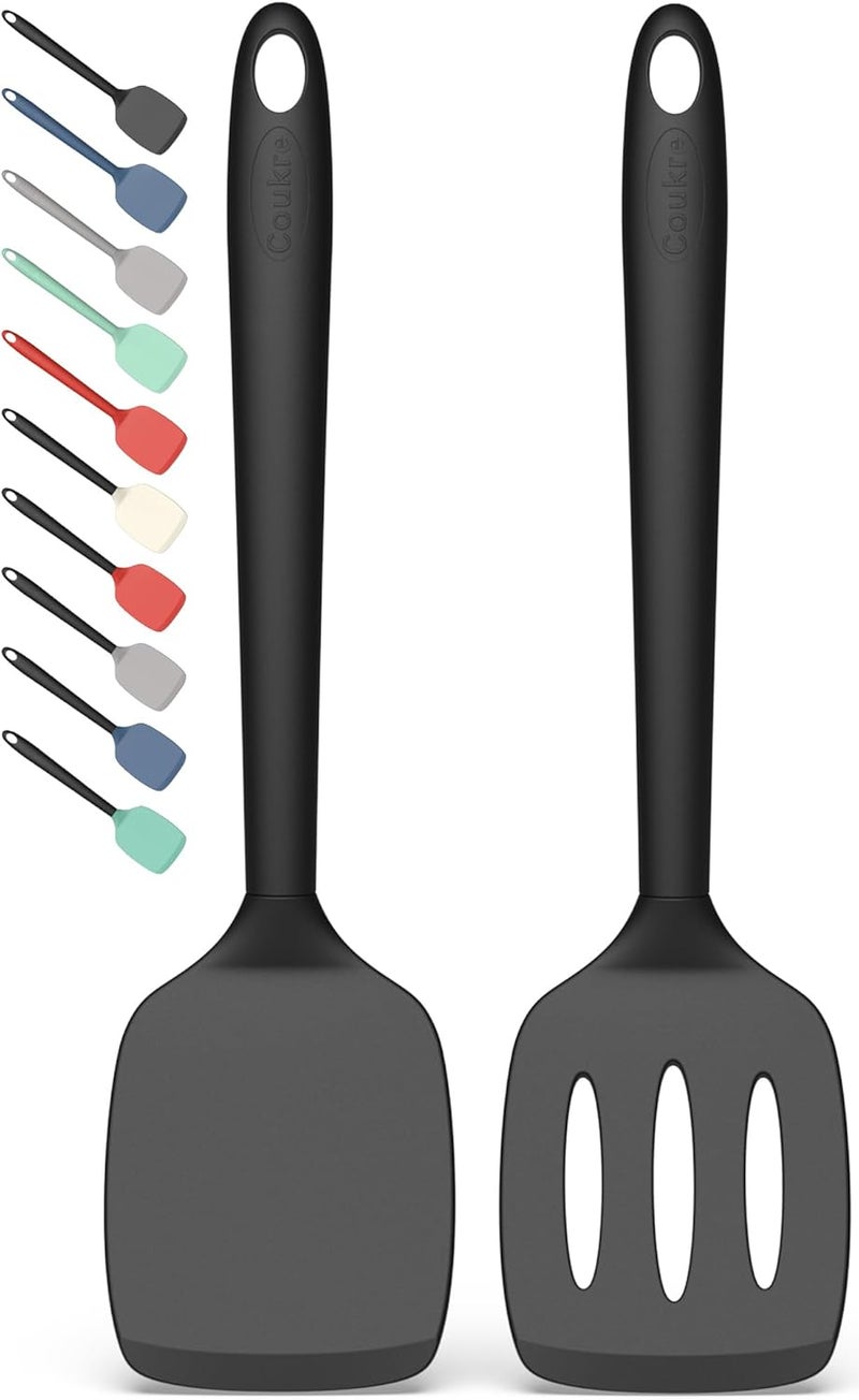 Coukre 2 Pack Silicone Spatula Set, High Heat Resistant, BPA Free Kitchen Spatula, Solid & Slotted Turner for Non-Stick Pans, Sautéing, and Flipping (2, PureBlack) - Image 1