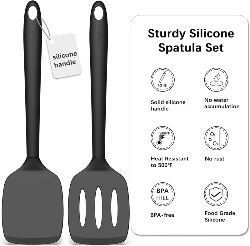 Coukre 2 Pack Silicone Spatula Set, High Heat Resistant, BPA Free Kitchen Spatula, Solid & Slotted Turner for Non-Stick Pans, Sautéing, and Flipping (2, PureBlack) - Image 2