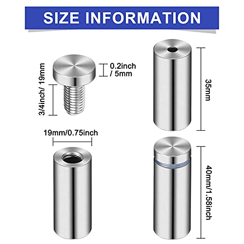 Pelopy 8 Pcs Sign Standoff Screws Advertising Screws Stainless Steel Wall Standoff Mounts Glass Acrylic Nail(0.75 x 1.57 Inch) - Image 3