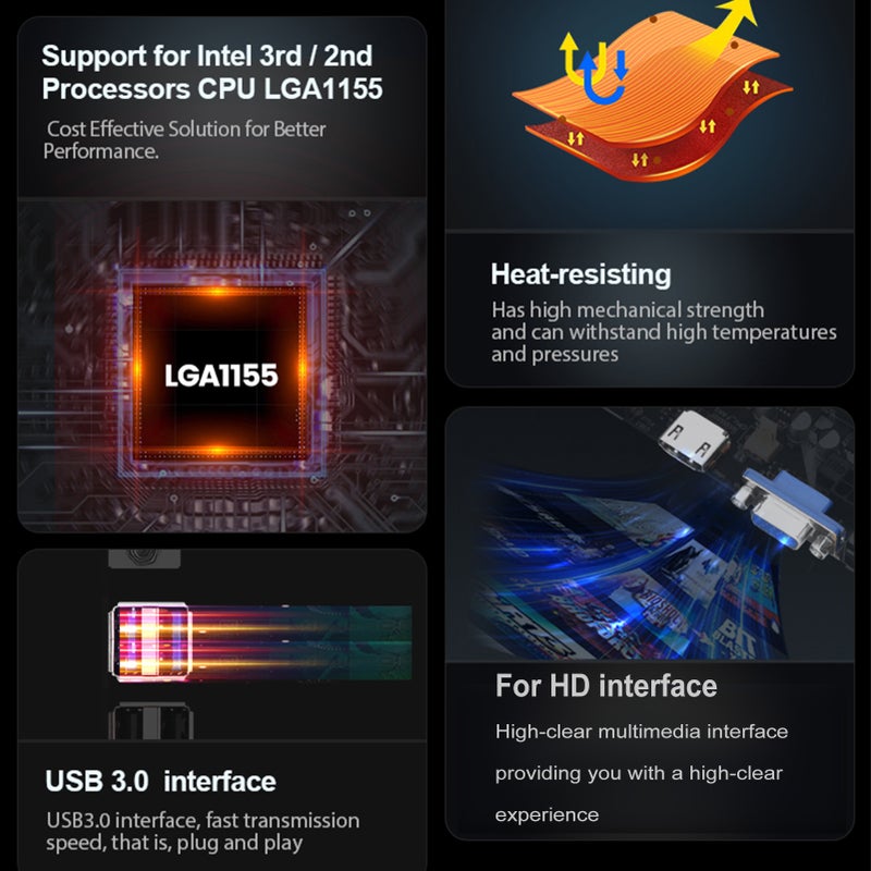 لوحة الأم LGA 1155: حزمة لوحة الأم مع وحدة معالجة مركزية ذات لوحة دباسية سوداء من 8 طبقات وعالية الأداء مقابل التكلفة - لوحة أم متعددة الوظائف ومستقرة ودائمة الاستخدام لمستخدمي معالجات إنتيل الجيل الثاني/الثالث - Image 2