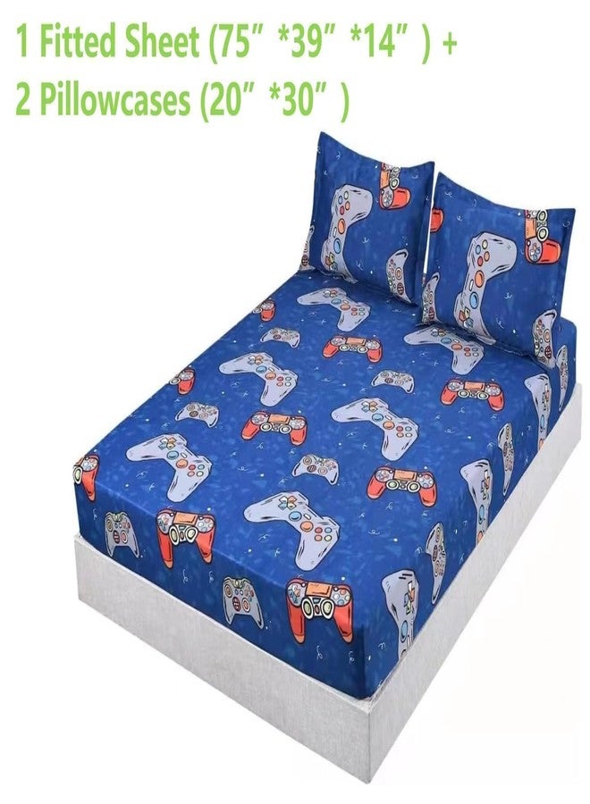 SDIII 3PCS Blue Gamer Twin Fitted Sheet Set, Bed in a Bag Gaming Bedding Fitted Sheet Twin, Soft Microfiber, Cute Bed Sheets for Kids Boys and Girls, 1 Fitted Sheet and 2 Pillowcases - Image 2
