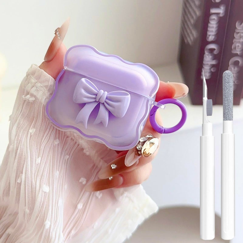 OTOPO Cute AirPods 4 Clear Case, Girly 3D Bow Design Soft TPU Protective Shockproof Kawaii Apple iPod 4th Generation Cover with Cleaner Kit & Keychain Girls Women Purple Bow - Image 1