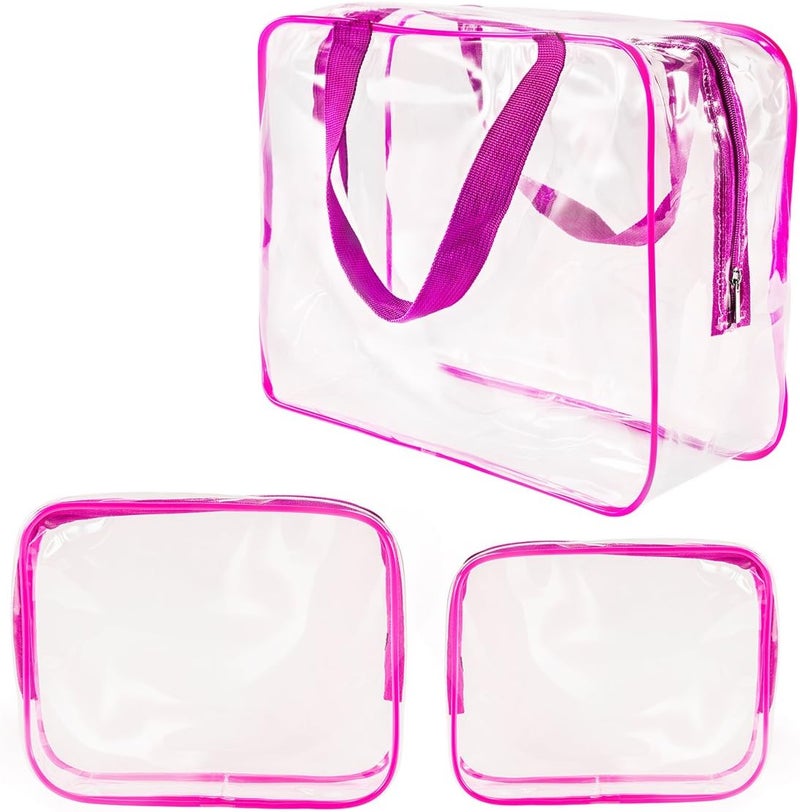 Roybens 3Pcs Crystal Clear PVC Travel Toiletry Bag Kit for Men Women, Waterproof Vinyl Packing Organizer Storage Bag with Zipper Closure and Handle Straps, Cosmetic Pouch, Diaper Bag, Handbag Pencil Bag - Image 1