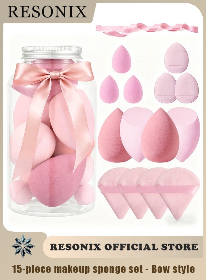 ريزونيكس مجموعة إسفنجات مكياج من 15 قطعة - إسفنجات تجميل ناعمة متعددة الأشكال للسوائل والمساحيق، للاستخدام الرطب والجاف، تغطية تدوم طويلاً مع شريط هدايا (وردي) - Image 1