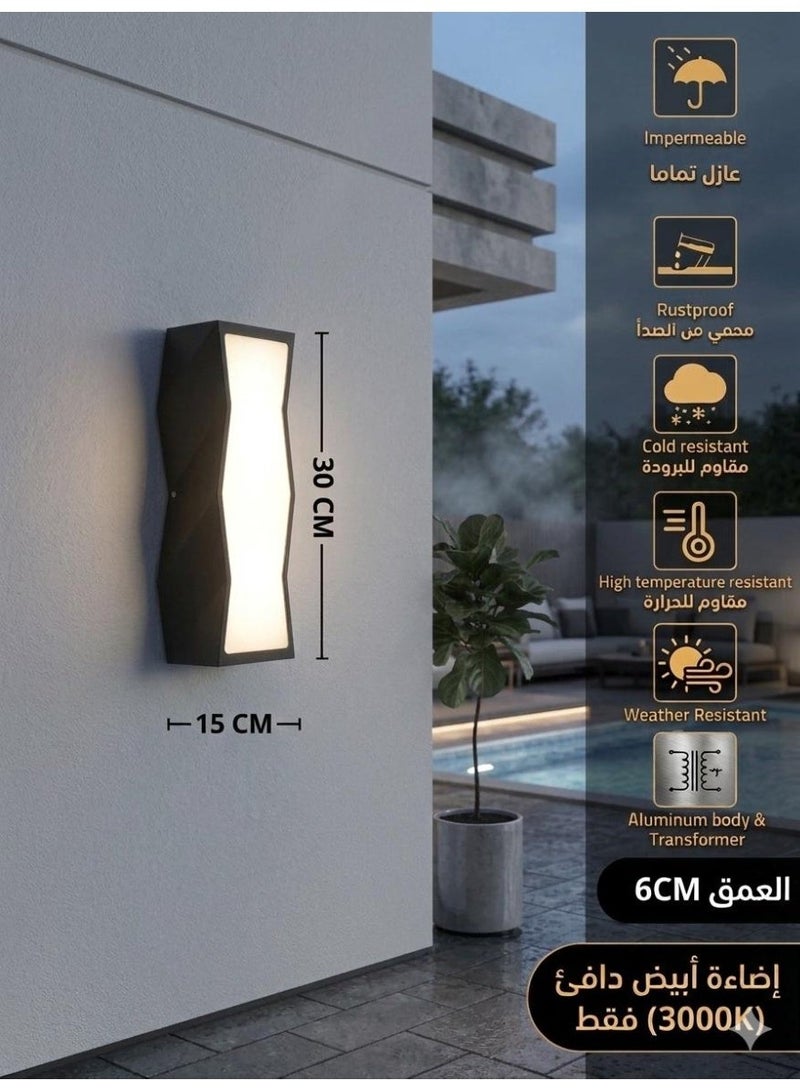 لامبارا إنارة جدارية خارجية ألمنيوم – إطار أسود فاخر – إضاءة صفراء 3000K – 24 واط – مقاوم للماء IP65 - Image 3