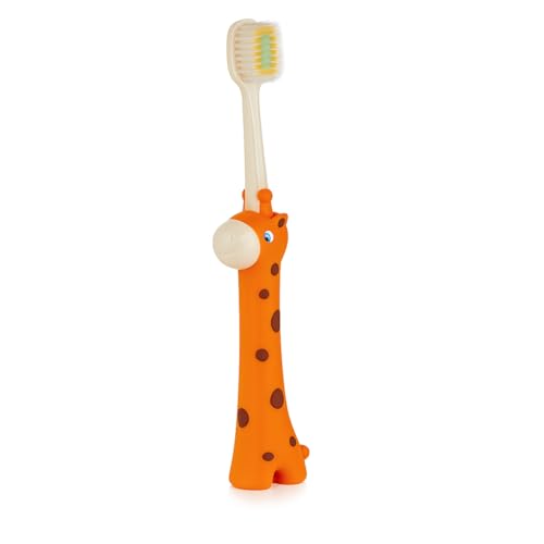 BeeBaby Giraffe Brush Buddy Toothbrush for Kids 3-6 Years, Soft Handle for Easy Grip, 10 x Softer Tapered Bristles Ideal for Milk and Permanent Teeth, 100% BPA Free. Orange - Image 1