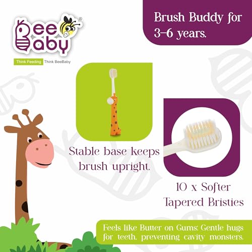 BeeBaby Giraffe Brush Buddy Toothbrush for Kids 3-6 Years, Soft Handle for Easy Grip, 10 x Softer Tapered Bristles Ideal for Milk and Permanent Teeth, 100% BPA Free. Orange - Image 2