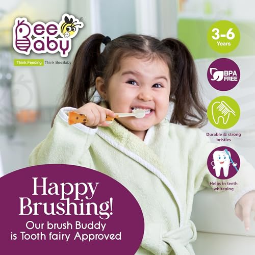 BeeBaby Giraffe Brush Buddy Toothbrush for Kids 3-6 Years, Soft Handle for Easy Grip, 10 x Softer Tapered Bristles Ideal for Milk and Permanent Teeth, 100% BPA Free. Orange - Image 3