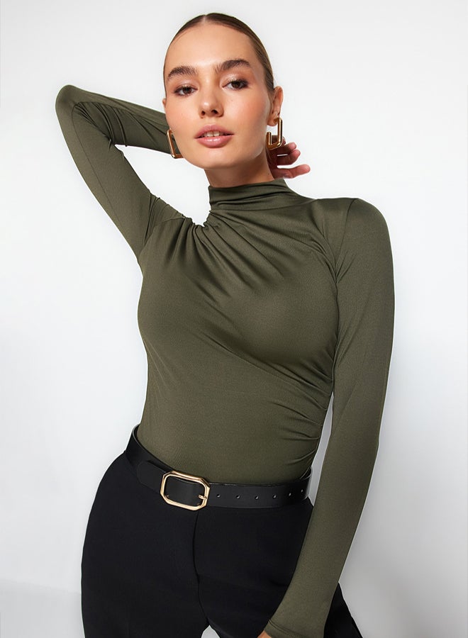 trendyol Khaki Gathered Detailed High Neck Snap Snap Elastic Knitted Body TWOAW24BD00014 - Image 2
