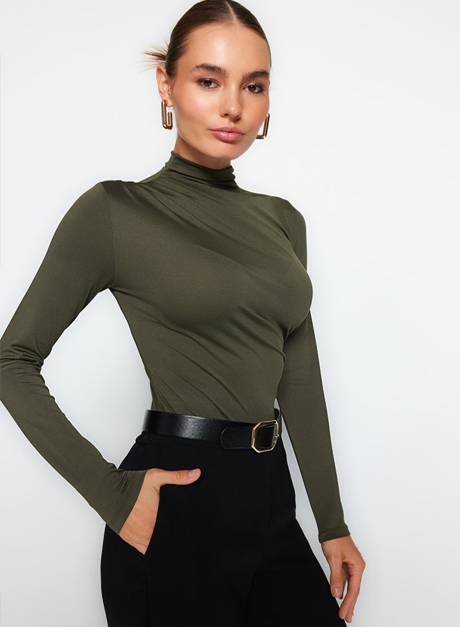 trendyol Khaki Gathered Detailed High Neck Snap Snap Elastic Knitted Body TWOAW24BD00014 - Image 4