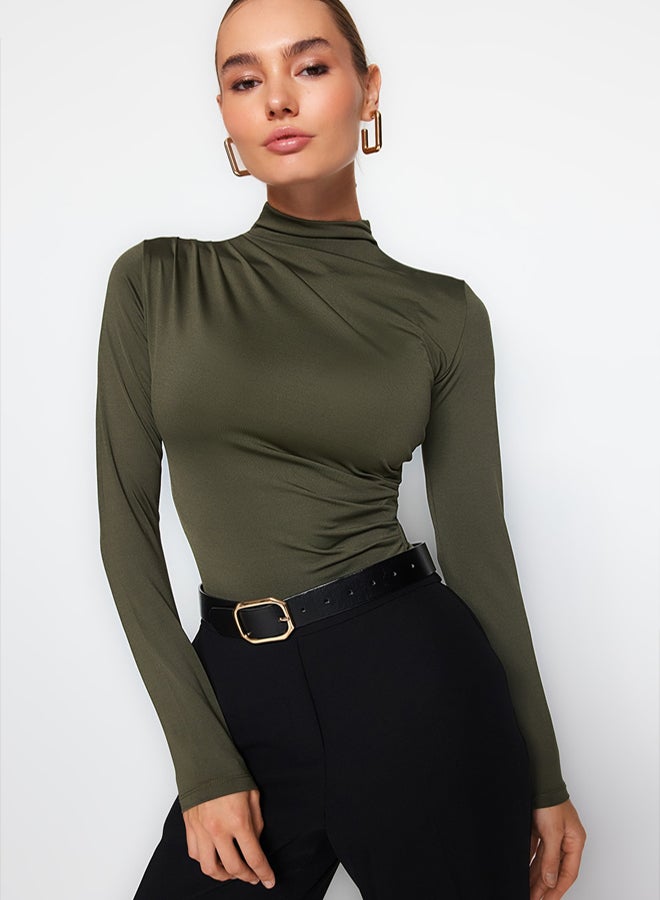 trendyol Khaki Gathered Detailed High Neck Snap Snap Elastic Knitted Body TWOAW24BD00014 - Image 3