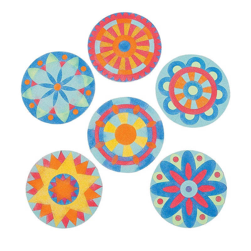 Fun Express Mandala Sand Art Kits for Kids Makes 245 in Diameter DIY Craft Sand Painting Kit Includes Includes 1 Bag of Yellow Orange Blue red Green and Aqua Sand