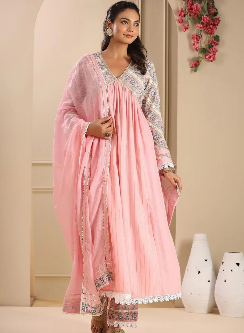 ISHIN Women's Peach Cotton Blend Embellished Tunic Full Length Palazzo Straight Fit Kurta Set