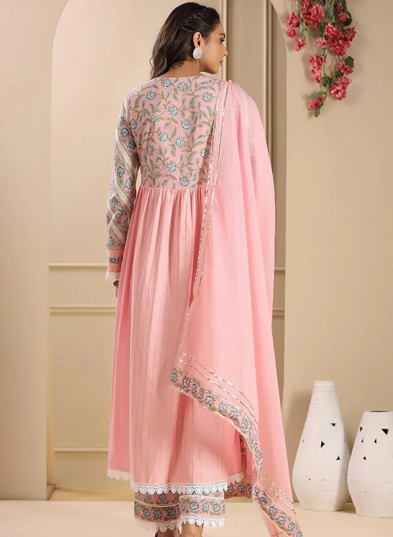 Ishin  Women's Peach Cotton Blend Embellished Tunic Full Length Palazzo Straight Fit Kurta Set for Women | Best Price UAE