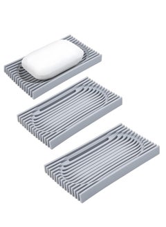 Bar Soap Holder, 3 PCS Non-Slip Soap Dish, Soap Saver for Bathroom, Extend Soap Life Self Draining Soap Dishes, Self Draining Quick Dry Sponge Holder for Kitchen Sink, Bath Tub, Shower (Grey)