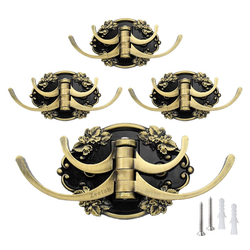 Zeetab Adjustable Cloth Hanger with 4 Hook Royal Wall Mount Brass Key Holder Antique Metal Rail Robe for Bathroom Towel Pack of 4 Leaf Antique