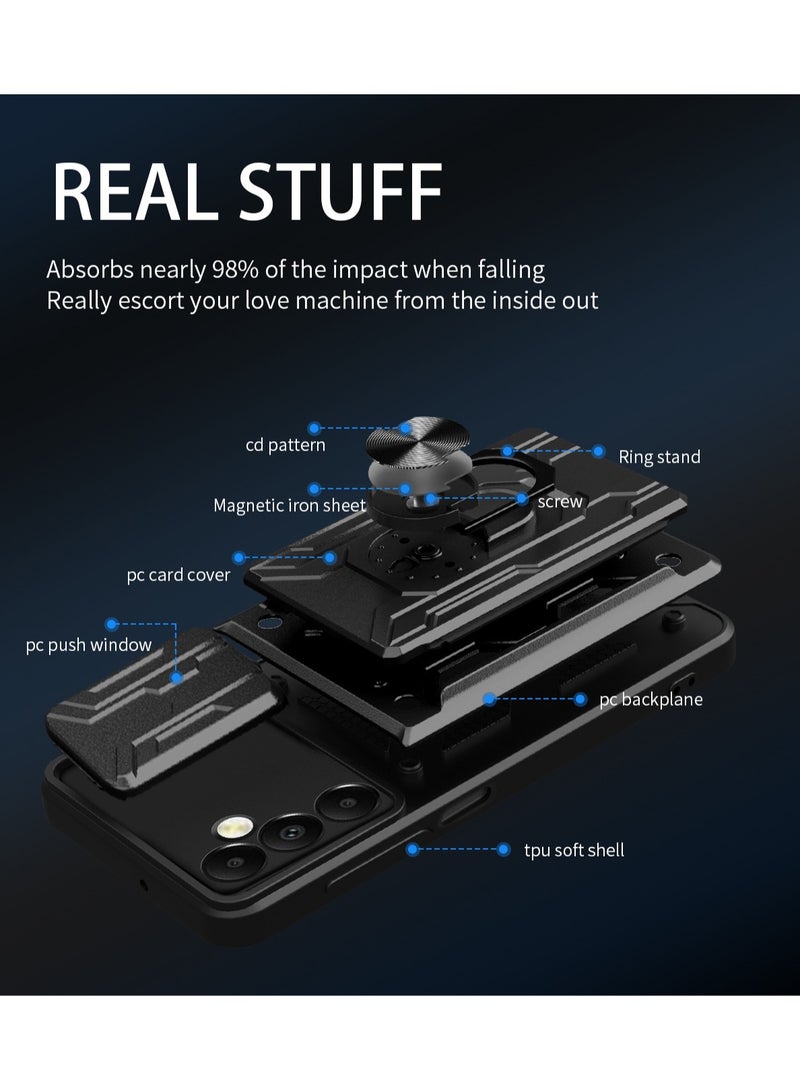 for Samsung Galaxy A15 4G Case, Card Holder & Slide Camera Lens Cover, Magnetic Ring Holder Kickstand Protective Phone Case for Samsung Galaxy A15 4G, Black - Image 4