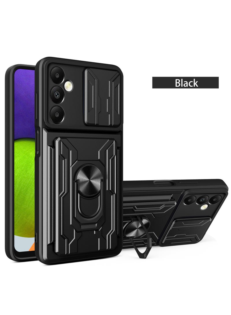 for Samsung Galaxy A15 4G Case, Card Holder & Slide Camera Lens Cover, Magnetic Ring Holder Kickstand Protective Phone Case for Samsung Galaxy A15 4G, Black - Image 1