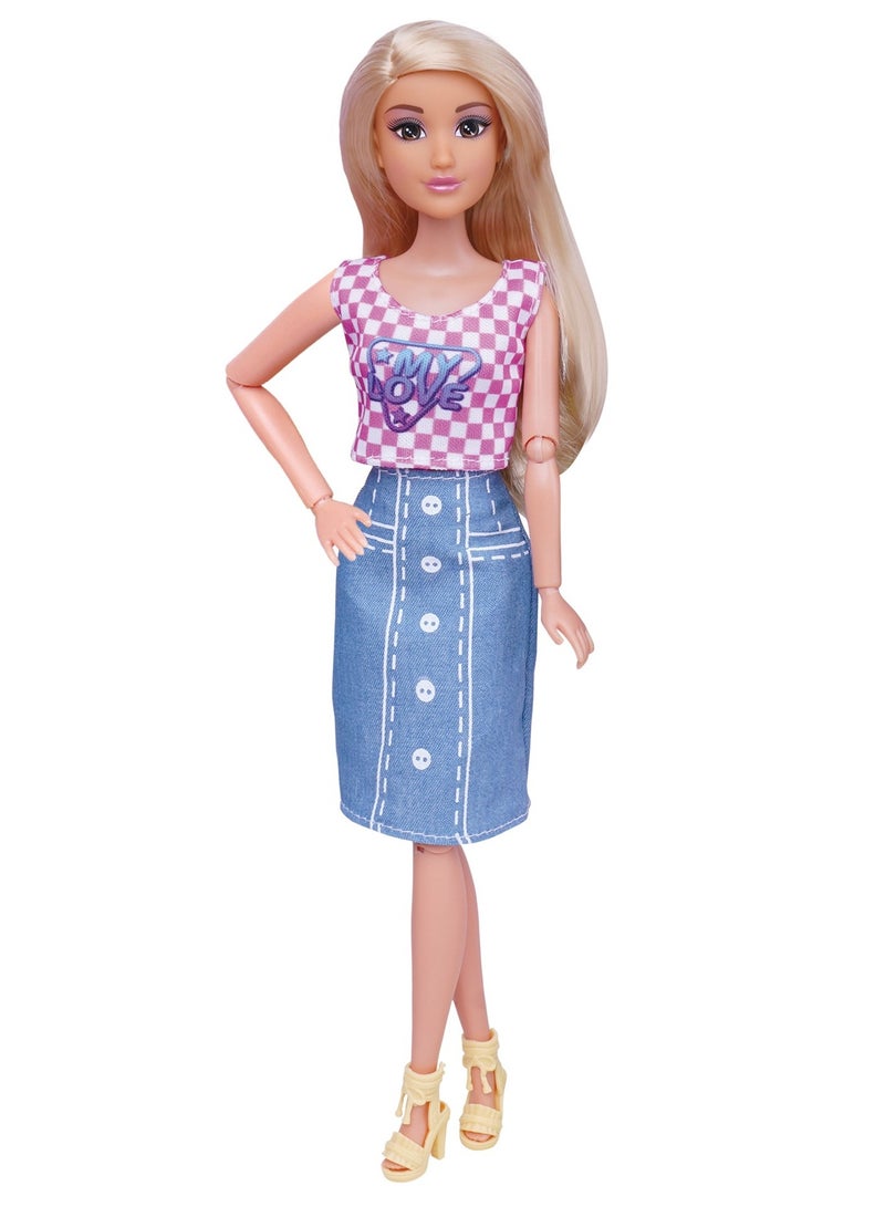 Mira Mira Fashion Denim Skirt Doll Stylish Doll in Trendy Outfit with Chic Accessories & Long Wavy Hair – Perfect for Fashion Play! - Image 2
