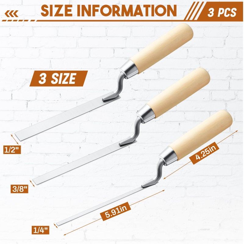 Lothee 3 Pieces Tuck Pointer Trowel Set with Wood Handle, 6-3/4" by 1/4", 3/8", 1/2", Professional Mortar Repair and Masonry Tools for Tuck Pointing - Image 2