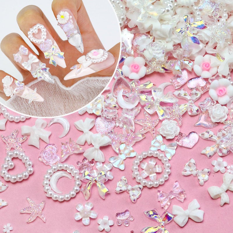 Briskbloom 320PCS White Assorted Mix 3D Nail Charms Cute Resin Charms for Acrylic Nail Decoration DIY Crafts Flatback Kawaii Y2K Charms for Manicure Jewelry Making Supplies