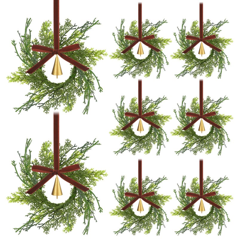 Knitgrip 12 Sets Mini Christmas Wreath for Cabinets 787 Inch Artificial Cypress Cedar Wreath with Vintage Cow Bells Ribbon for Xmas DIY Craft Kitchen Chair Window Fireplace Wall DecorBrown - Image 2