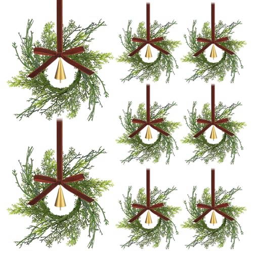 Knitgrip 12 Sets Mini Christmas Wreath for Cabinets 787 Inch Artificial Cypress Cedar Wreath with Vintage Cow Bells Ribbon for Xmas DIY Craft Kitchen Chair Window Fireplace Wall DecorBrown - Image 1