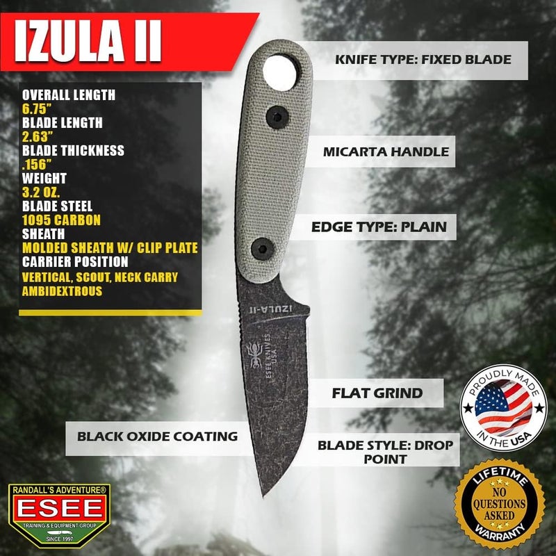 ESEE Knives Izula-II Fixed Blade Knife, w/Micarta Handle, Molded Sheath, & Clip Plate (Black Oxide) - Image 3