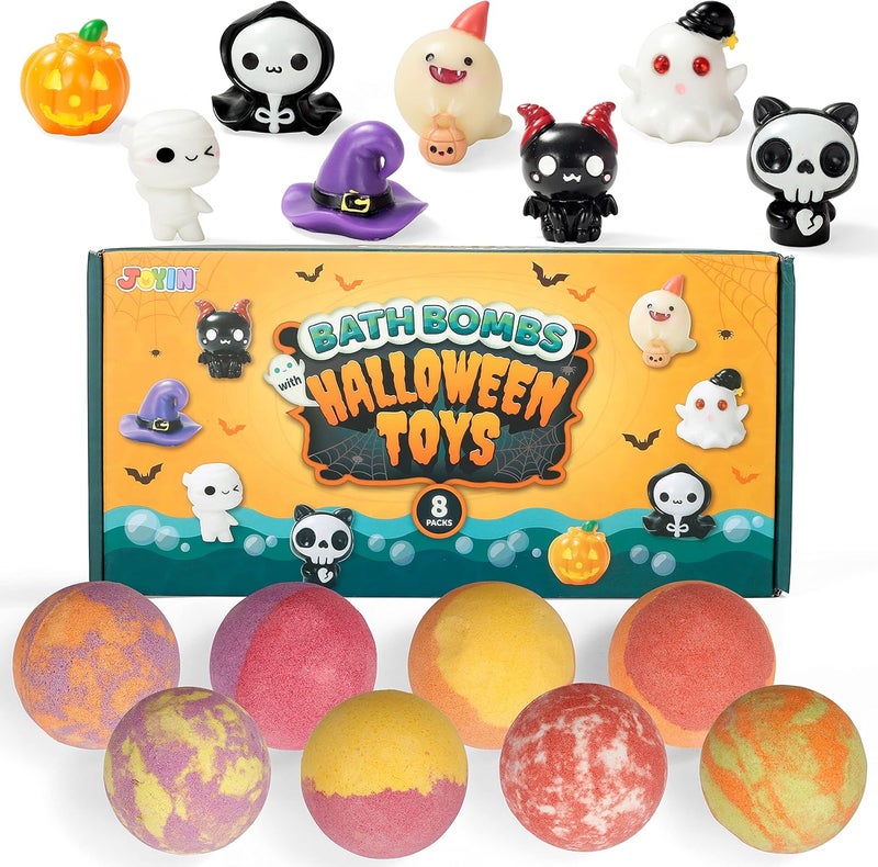 JOYIN 8PCS Halloween Bath Bombs for Kids Boys Girls with Surprise Toys Inside Natural Bubble Bath Bombs Bulk Fruity SPA Bath Fizzies Set for Birthday Halloween Party Favors Supplies Toys Gifts