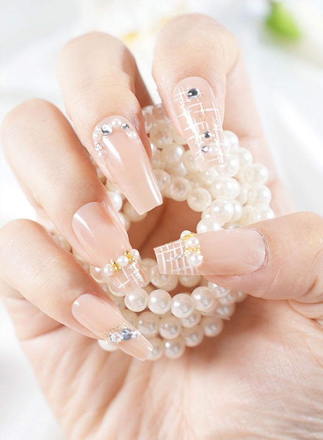 24 قطعة من لصقات فن الأظافر اللاصقة، تأتي مع أدوات فن الأظافر، أظافر لؤلؤية فاتحة اللون شديدة التحمل، نماذج متنوعة تناسب جميع الأذواق، لصقات مريحة، صحية وآمنة. - Image 1