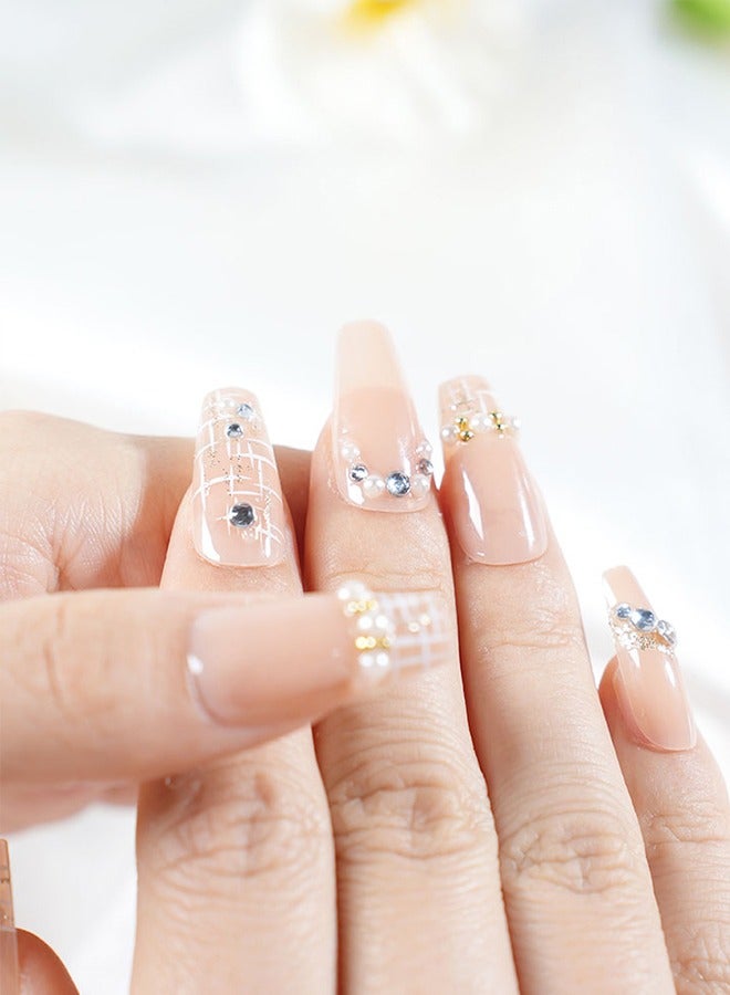 24 قطعة من لصقات فن الأظافر اللاصقة، تأتي مع أدوات فن الأظافر، أظافر لؤلؤية فاتحة اللون شديدة التحمل، نماذج متنوعة تناسب جميع الأذواق، لصقات مريحة، صحية وآمنة. - Image 2