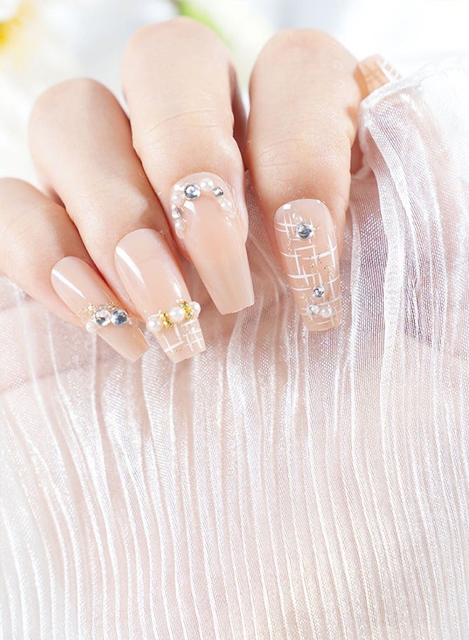 24 قطعة من لصقات فن الأظافر اللاصقة، تأتي مع أدوات فن الأظافر، أظافر لؤلؤية فاتحة اللون شديدة التحمل، نماذج متنوعة تناسب جميع الأذواق، لصقات مريحة، صحية وآمنة. - Image 3